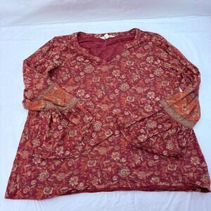 Lucky Brand Women Burgundy Floral Bell Sleeve V-Neck Cotton Modal Top Medium